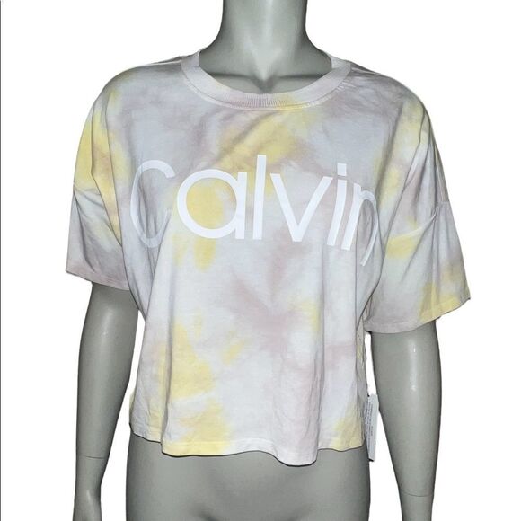 Calvin Klein Women's Daffodil Yellow Tie Dye Cropped T-Shirt Medium NWT - Picture 2 of 8